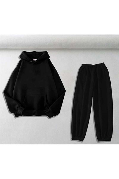Touz Moda Μασίφ μαύρο φούτερ με κουκούλα και φούτερ Unisex Σετ δύο τεμαχίων
