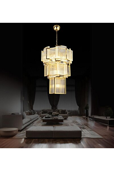 RONİSU AYDINLATMA Ayder 60'Lık Avize Yüksek Tavan Kristal Taş Aydınlatma