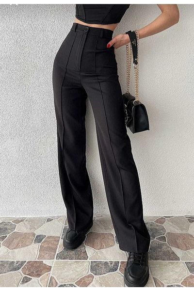 modazoom Women's Black Wide Leg Trousers with Front Stitching Detail