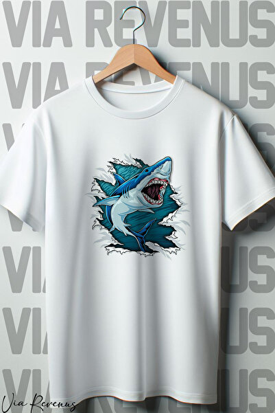 Vordevia Tricou alb oversize - imprimat cu rechin