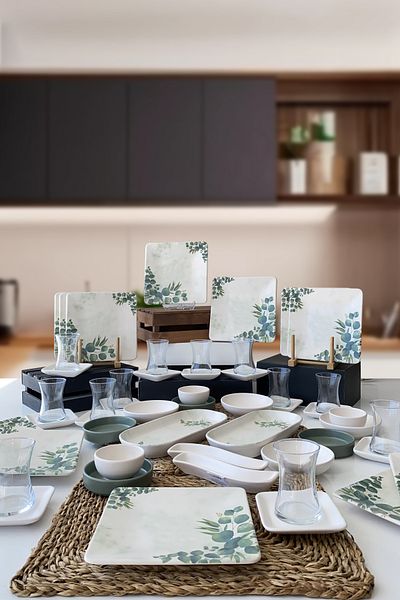 Keramika Green Eucalyptus 12-Person 51 Piece Square Breakfast Set