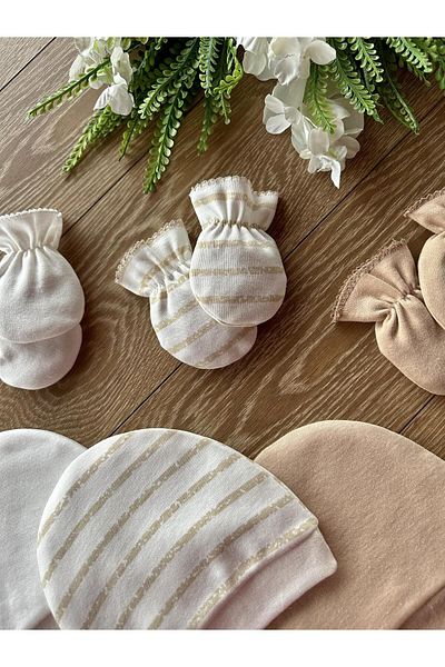 Renkli Puset Organic Set of 6 Newborn Baby Gloves and Hats Striped