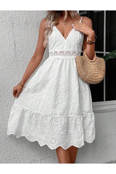 BRGCLOTHING Rochie festonată cu bretele subțiri cu decolteu în V din dantelă albă
