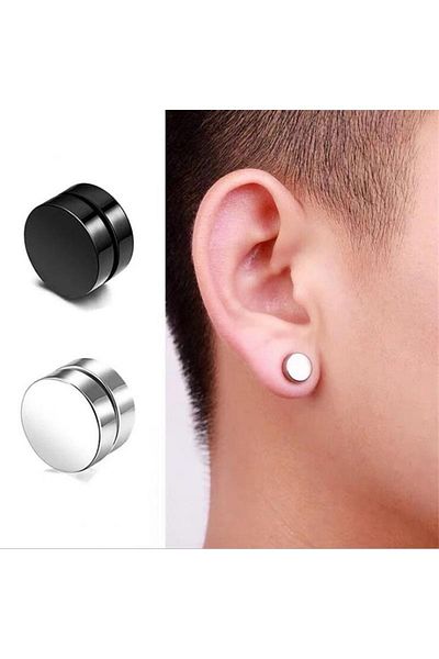 Jaida Moda Unisex Black And Silver Color Magnetized Magnetic Steel Earrings 1 Pair