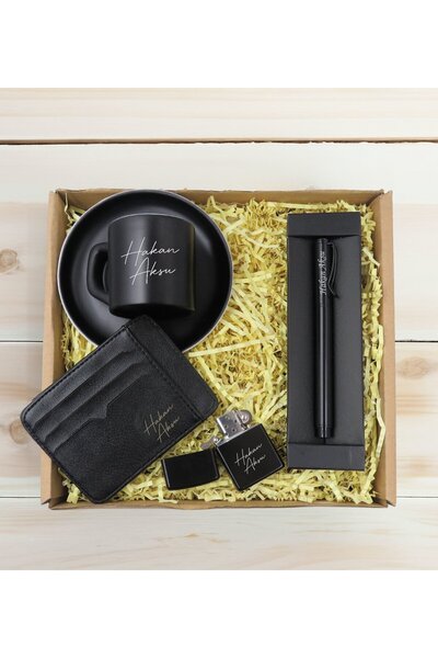 Bk Gift Kişiye Özel İsimli Siyah Türk Kahvesi Fincanı&Metal Kalem&Çakmak&Kart...