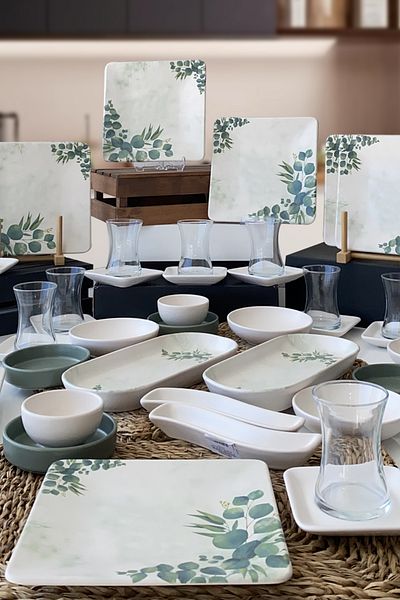 Keramika Green Eucalyptus 12-Person 51 Piece Square Breakfast Set