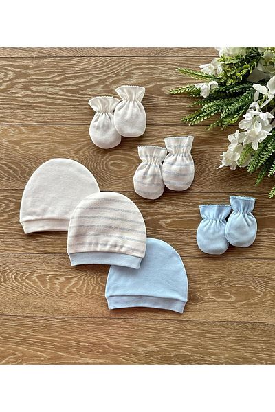 Renkli Puset Organic Set of 6 Newborn Baby Gloves and Hats Striped