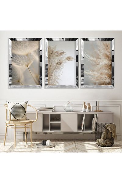 Zevahir Mobilya Dekorasyon Silver Mirrored Plexiglass Framed Collage Drawing Triple Mdf Painting Set