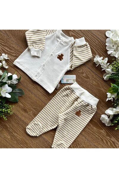 PATSAN Organik Pamuk Penye Bebek Basic Çıtçıtlı Alt Üst Patikli Pijama Takım Çizgili