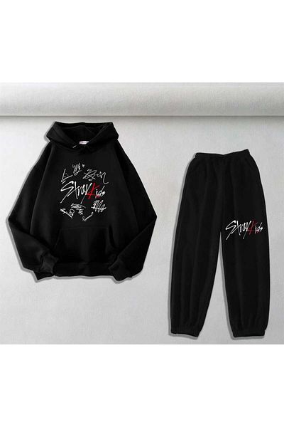 Touz Moda Stray Kids εμπριμέ μαύρο oversize φούτερ και φούτερ με κουκούλα Unisex Σετ δύο τεμαχίων