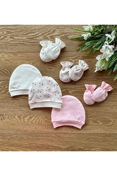 Renkli Puset Organic Set of 6 Newborn Baby Gloves and Hats Aslan