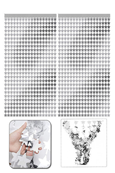 Parti dolabı 2li Yıldızlı Gümüş Fon Arka Perde Işıltılı Yapışkanlı Silver Sarısı Yıldız Duvar Fotoğraf Perdesi