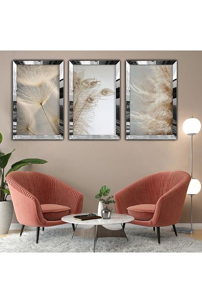 Zevahir Mobilya Dekorasyon Silver Mirrored Plexiglass Framed Collage Drawing Triple Mdf Painting Set