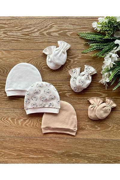 Renkli Puset Organic Set of 6 Newborn Baby Gloves and Hats Aslan