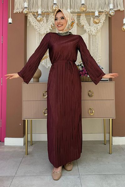 Bym Fashion 3897 Μοντέλο Σατέν Πλισέ Καφέ Φόρεμα