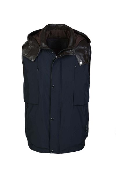Tamer Tanca Navy Blue Leather Vest and Textile Coat - Men