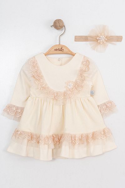 MİNİBORN NEW BORN GIRL LONG SLEEVE ECRU FLOWERED RUFFLE DRESS SET