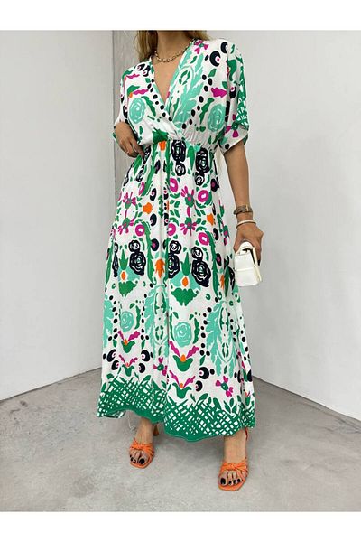 Fav Style Guler la două piept cu imprimeu verde - Rochie lungă pentru femei cu mânecă scurtă și talie cu șnur