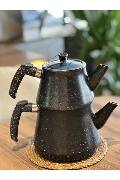 YUNUSOĞLU HOME Granite Coated Pyramid Glass Lid Teapot Black