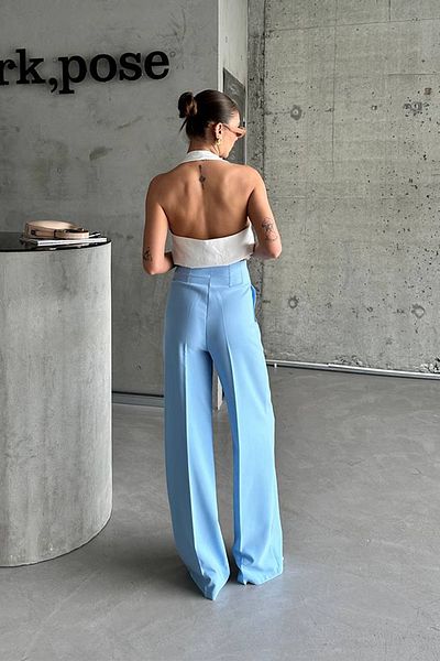 Ortaya Çık Pleated Palazzo Trousers - Blue, Button Detailed