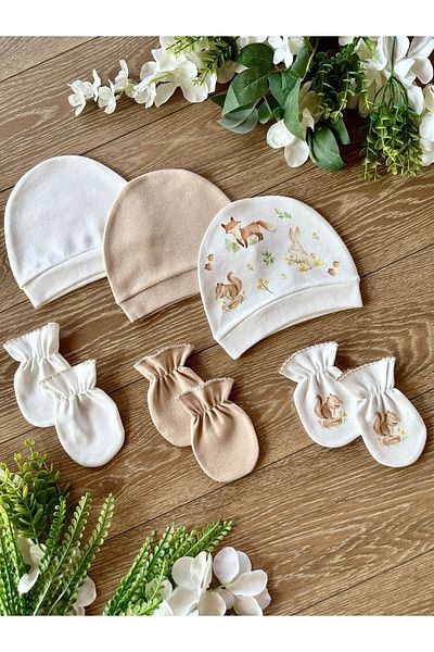 Renkli Puset Organic 6-Piece Newborn Baby Gloves Hat Set Bear Squirrel