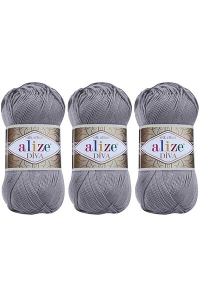 Alize Diva Merserize Görünümlü El Örgü Ipliği 100 gr 3 Adet Renk 348 Koyu Gri