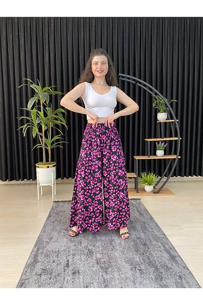 ESPOİRPLUS Fuchsia Clover Patterned - Gathered Lycra Women's Woven Trouser Skirt