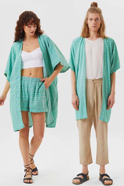 Clandestino Зелений бавовняний кімоно з етнічним візерунком і короткими рукавами