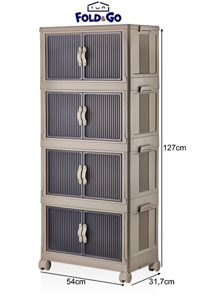 Fold&Go 4'Lü Portatif Organizer Tekerlekli Dolap ”Toprak” Çok Amaçlı Mıknatıs Kapaklı Katlanır