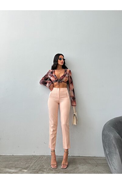 Female Clothing بنطال نسائي من القماش المرن ذو الخصر العالي مع جيوب