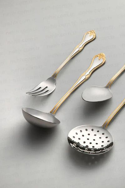 Nehir Lalezar Gold Plain 5 Piece Stainless Steel Serving Set