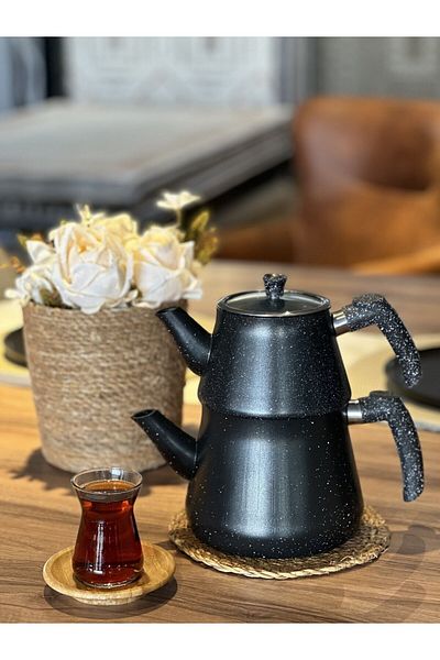 YUNUSOĞLU HOME Granite Coated Pyramid Glass Lid Teapot Black