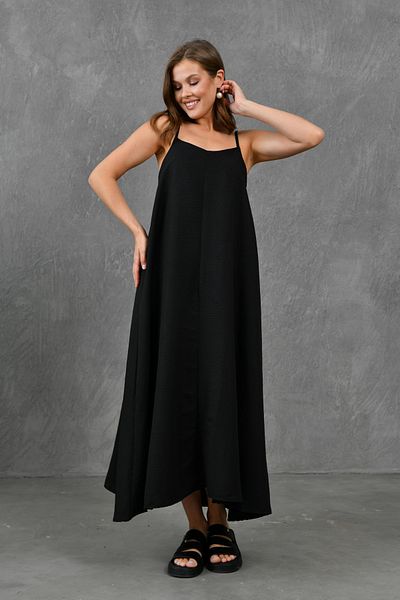 Secret Passion Lingerie Schwarzes Midi-Strandkleid mit U-Ausschnitt und verstellbaren Trägern – Aerobin-Stoff 3378