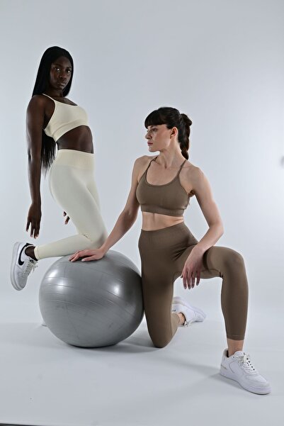 OQRA سروال ضيق قابل للتمدد - كاجوال ورياضي بدون خياطة، بني حليبي