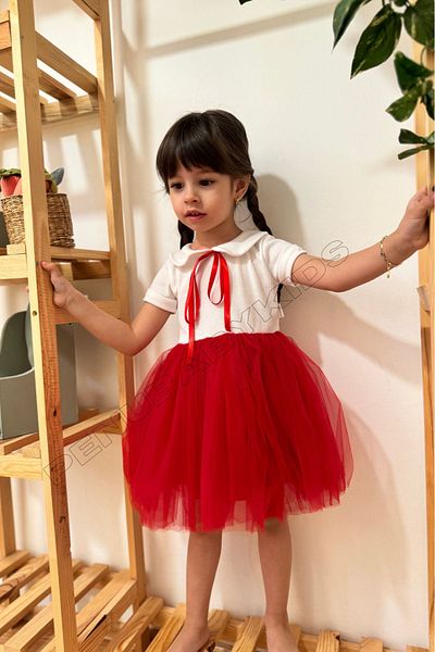 penu baby kids Red Ribbon Baby Collar Short Sleeve Baby Girl Dress - Heidi