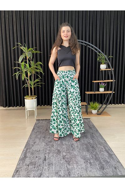 ESPOİRPLUS Green Clover Patterned - Gathered Lycra Women's Woven Trouser Skirt