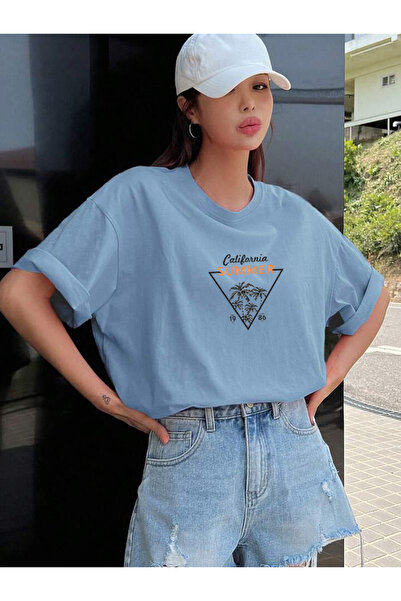 FAVORİST تي شيرت كاليفورنيا سمر مطبوع - تي شيرت قطني بأكمام قصيرة كبير الحجم