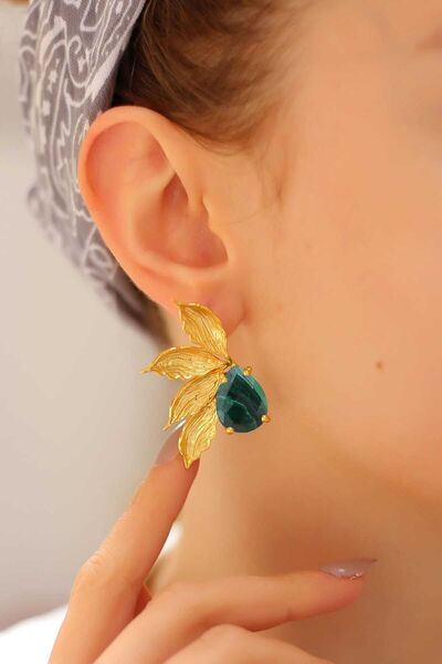 Feyz Tasarım Malakit Doğaltaş Altın Kaplama Küpe