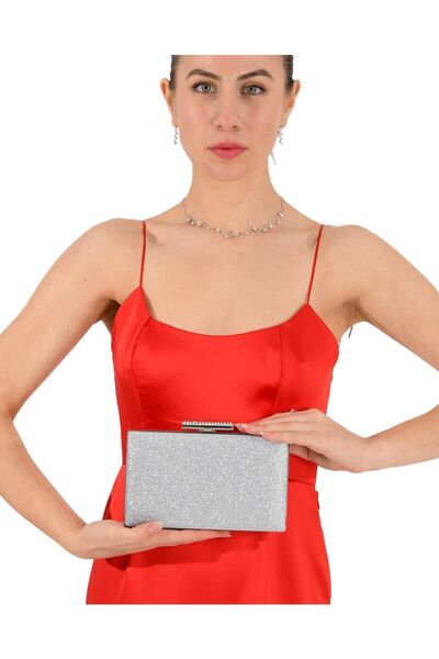 MidStore Geantă de seară argintie lame glittery, pentru ocazii precum nunți sau evenimente, codul la final dacă există.