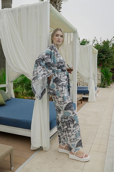 Mita Concept Bat Sleeve Deer Patterned Kimono and Pants Set