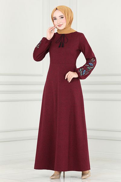 ModaMerve Burgundy Lace-Up Dress - Msl8008