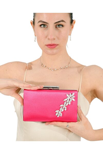Generic Brand Fuchsia Pink Satin Crystal Stone Evening Bag Wedding Engagement...