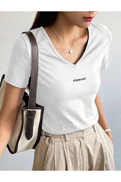 FAVORİST Κλασικό βαμβακερό μπλουζάκι με λαιμόκοψη - εμπριμέ