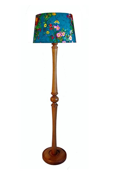 Lambada Mavi Açık Ceviz Ayak Torna Ayaklı El Yapımı Masif Lambader