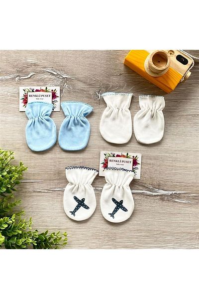 Renkli Puset Set of 3 Organic Cotton Combed Gloves Airplane
