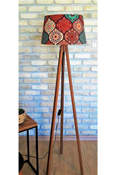 Lambada Damla Desen Kiremit Renk, Masif Ayaklı Tripod Lambader	(Açık Ceviz)
