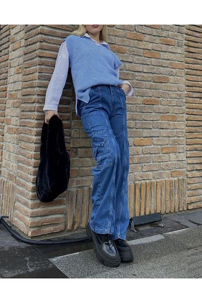 Touz Moda Pantaloni cargo albastru Y2k cu buzunar