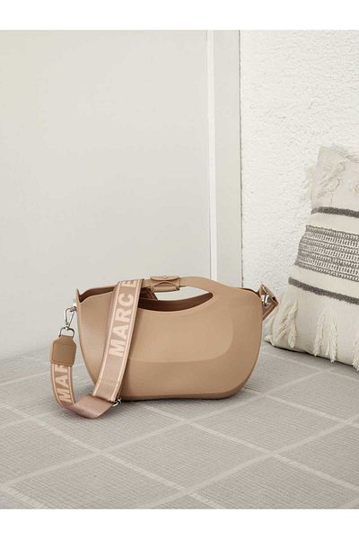 Moom Bag Μπεζ ύφασμα σιλικόνης - Γυναικεία τσάντα ώμου με λουράκι και λεπτομέρεια χαρτοφυλακίου