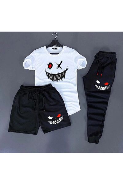 HIRSCH Ανδρικό Σετ φόρμας 3 τεμαχίων Oversize Λευκό Μαύρο Smile Printed