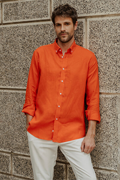 alenmeza Erkek %100 Keten Narçiçeği Rengi Düğmeli Yaka Modern Fit Cepsiz Gömlek